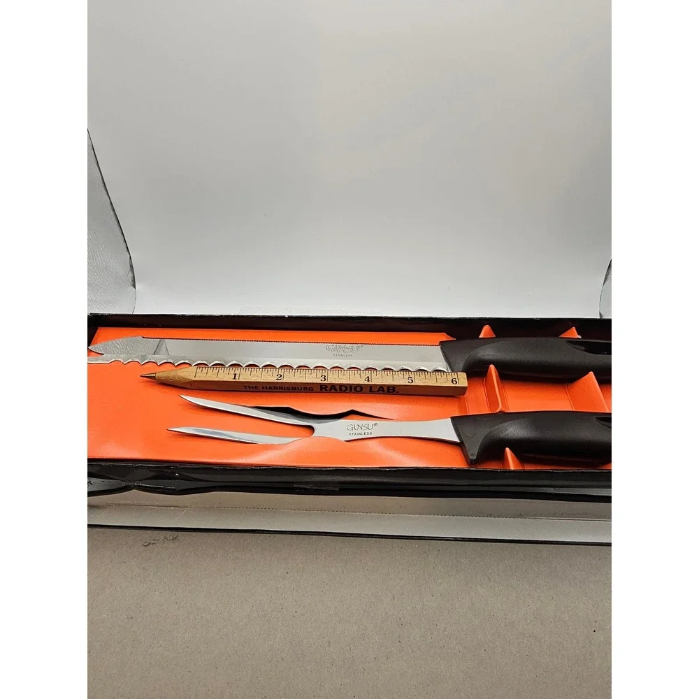 Vintage Ginsu Kitchen Kutlery 2 Piece Carving Set Stainless Slicer Knife Fork